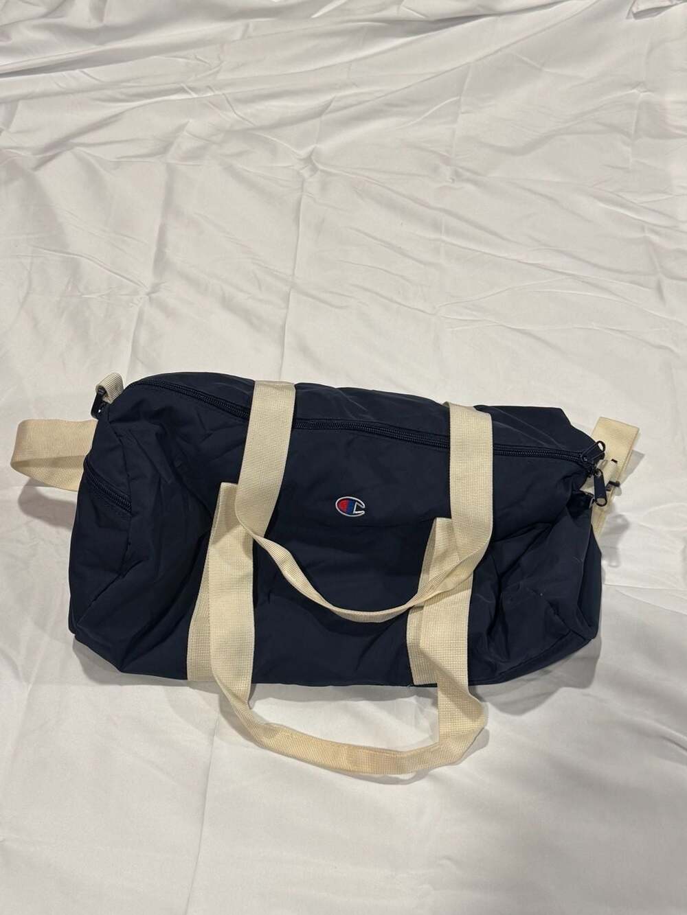 Champion Navy Blue and Cream Canvas Duffle Gym Bag with Adjustable Strap